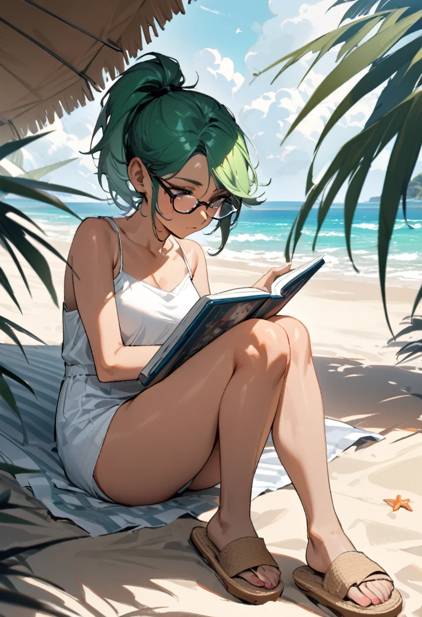 bright green hair, and a ponytail, beach, tropical, sitting in shade with beach umbrella, on towel, glasses, character full body portrait, full body, a character portrait, reading book, teen female emo art student, white sundress, black hair pins, dark skin, full body character portrait, inspired by Eiichiro Oda, beige flip flops, medium breasts, perfect legs, detailed, beautiful, masterpiece, high quality, adorable,