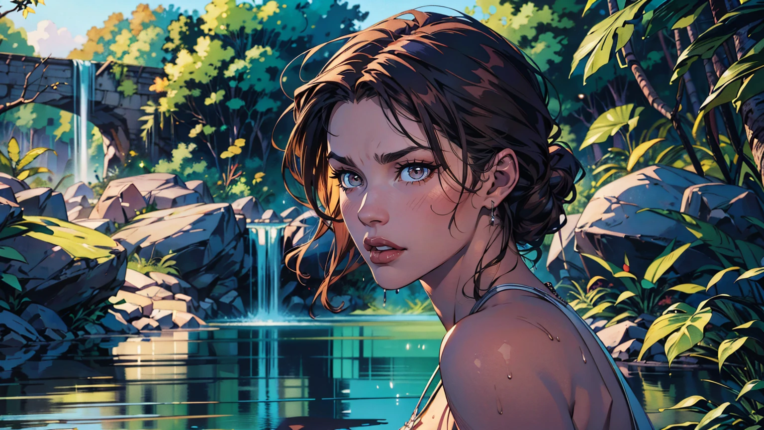 1 beautiful woman with long dark brown hair,perfect body,huge breasts,extremely sexy and attractive poses,in huge tropical jungle with waterfalls,wearing a white wet dress,(best quality,4k,8k,highres,masterpiece:1.2),ultra-detailed,(realistic,photorealistic,photo-realistic:1.37),photorealistic,highly detailed,cinematic lighting,dramatic lighting,warm color palette,volumetric lighting,lush tropical foliage,fantasy landscape