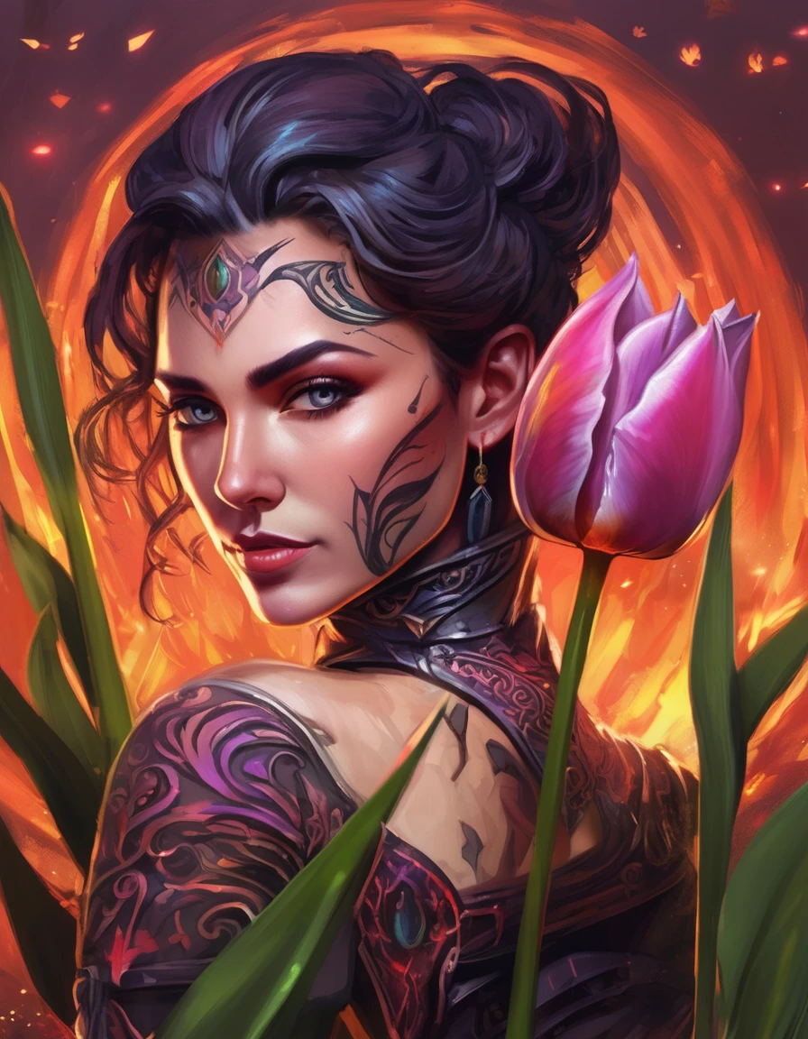 Arafed, Dark fantasy art, fantasy art, goth art, a picture of a tattoo of a tulip on the back of a female elf, a glowing tattoo of a ((tulip: 1.3)) on the elf's back, the ((tulip tattoo: 1.3)) is vivid, intricate detailed,  GlowingRunesAI_purple, ((fire surrounds the tulip: 1.5)), shot taken from the back, ((the back is visible: 1.3), she wears a transparent red dress, the dress is elegant, flowing, elven style, that the tattoos glow, dynamic hair color, dynamic hair style,  vibrant, Ultra-high resolution, High Contrast, (masterpiece:1.5),  highest quality, Best aesthetics, best details, best quality, highres, 16k, (ultra detailed: 1.5), masterpiece, best quality, (extremely detailed) RAW, (ultra details, Masterpiece, best quality) faize, Digital Painting, *channel_42*, rpg portrait