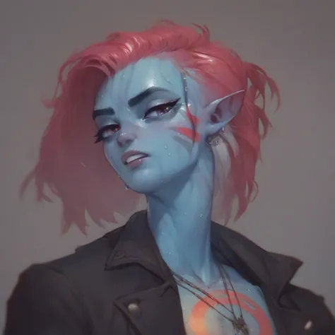 oc,na’vi, a alien blue skin skinny buff femboy man wearing black trench-coat with a red mark on the bust,thick, in an 80’s style...