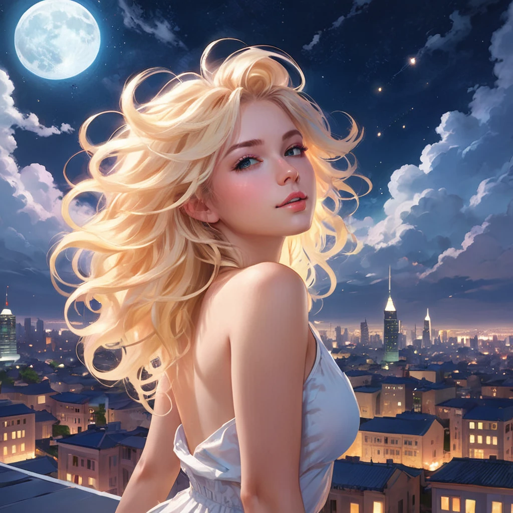 a beautiful 20 year old blonde woman with big messy hair laying down on a cloud in the sky floating over a cityscape at night, twinkling stars and glowing moon, fantasy art style, rossdraws cartoon vibrant, cyberpunk, cute detailed digital art, colorfull digital fantasy art, digital fantasy art ), glossy digital painting, rossdraws pastel vibrant, rossdraws 2. 5, rossdraws 1. 0