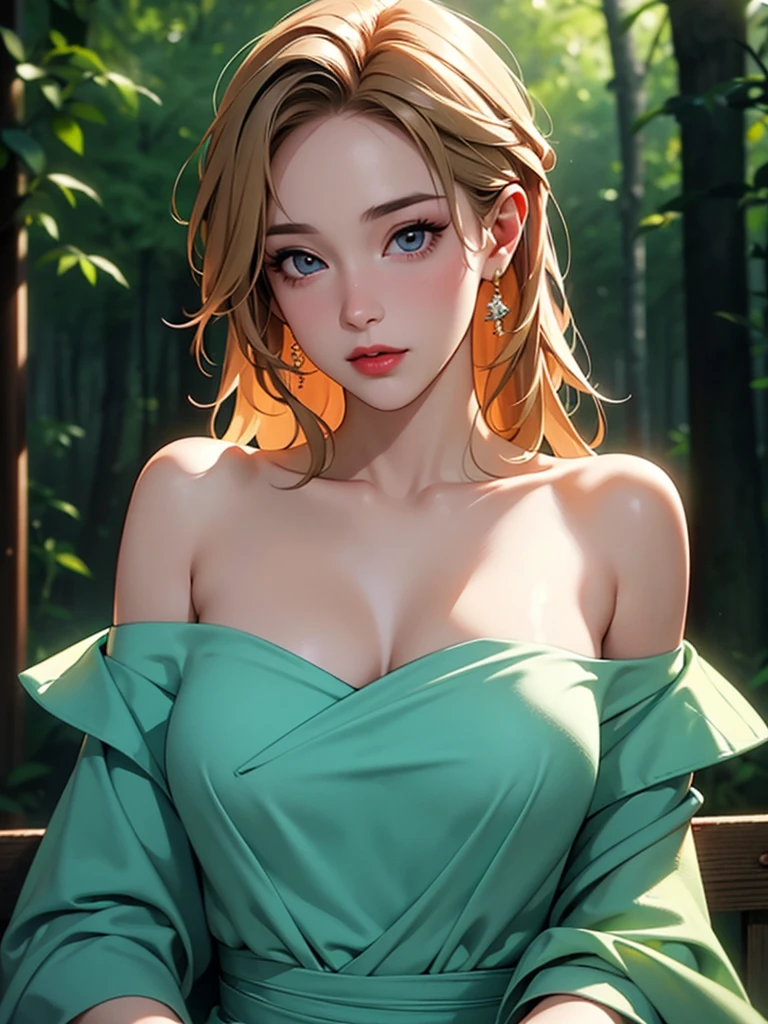 "(Best quality, a high resolution, masterpiece:1.2), ultra detailed, (realistic, photo-realistic:1.37), Fluorescent colors, 1 girl, interaction with the audience, Beautiful face, stunning eyes, (Baring your shoulders:1.2), head up, upper body, the forest, бthe forestтящие волосы, Radiant skin, illuminated contour lines, bright colors, Harmonious lighting", photorealistic, 4K, 8 K