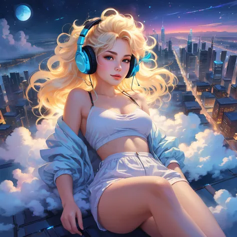 a beautiful 20 year old blonde woman with big messy hair laying down on a cloud in the sky floating over a cityscape at night, w...