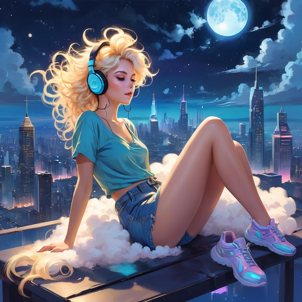 a beautiful 20 year old blonde woman with big messy hair laying down on a cloud in the sky floating over a cityscape at night, wearing headphones, twinkling stars and glowing moon, fantasy art style, rossdraws cartoon vibrant, cyberpunk, cute detailed digital art, colorfull digital fantasy art, digital fantasy art ), glossy digital painting, rossdraws pastel vibrant, rossdraws 2. 5, rossdraws 1. 0