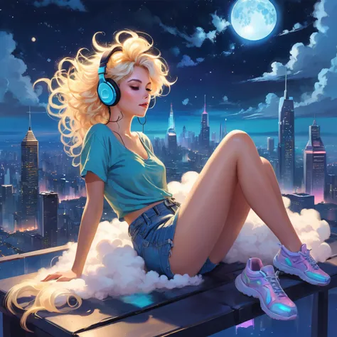 a beautiful 20 year old blonde woman with big messy hair laying down on a cloud in the sky floating over a cityscape at night, w...