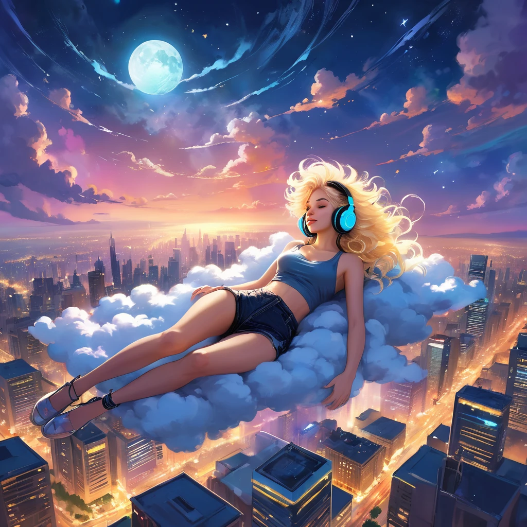 une belle femme blonde de 20 ans avec de longs cheveux en bataille allongée sur un nuage dans le ciel flottant au-dessus d'une ville la nuit, porter des écouteurs, étoiles scintillantes et lune brillante, style artistique fantastique, rossdraws dessin animé dynamique, cyberpunk, joli art numérique détaillé, colorfull Art fantastique numérique, Art fantastique numérique ), peinture numérique brillante, rossdraws pastel vibrant, rossdessine 2. 5, rossdessine 1. 0