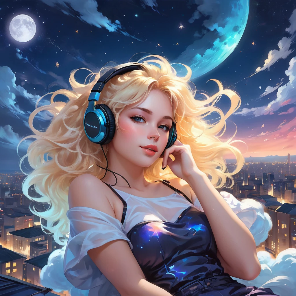 una hermosa mujer rubia de 20 años con el cabello largo y despeinado acostada sobre una nube en el cielo flotando sobre una ciudad por la noche, usando auriculares, estrellas centelleantes y luna brillante, estilo de arte de fantasía, rossdraws dibujos animados vibrantes, ciberpunk, lindo arte digital detallado, colorfull Arte de fantasía digital, Arte de fantasía digital ), pintura digital brillante, rossdraws pastel vibrante, rossdibuja 2. 5, rossdraws 1. 0