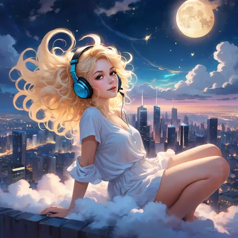 a beautiful 20 year old blonde woman with big messy hair laying down on a cloud in the sky floating over a cityscape at night, w...