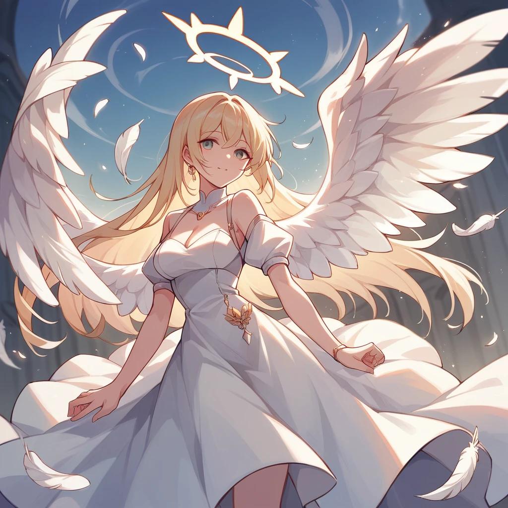 Beautiful angel in white dress, Art Station Cheng Wei, Halo, White feather  