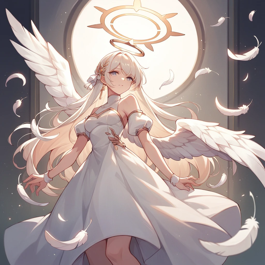 Beautiful angel in white dress, Art Station Cheng Wei, Halo, White feather  