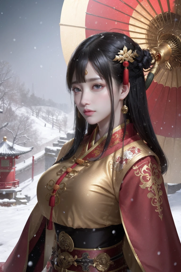 1girl,black hair,Beautiful face, Asian woman, Chinese style clothing,Red cape,upper body,outdoors,snow,snowing,solo,winter,Master lens, golden ratio composition, (Canon 200mm f2.8L) shooting, large aperture, background blur.