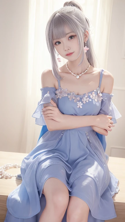 Sweet Girl Clothes 2,Pearl Necklace,Blue Dress,flower,Reality地, high resolution, 1 female, solitary, (Delicate face), Brown hair, blue eyes、beautiful 、Clive Arch、mix４, (Best Illustration Award: 1.1), (The best shadow: 1.1), Express、Radiant Skin。Practical、(Reality:1.37)、(Korean pop idol)、Messy hair、Medium Length Hair、(Pink blush)、(illuminate)、(Solitary)、Dynamic poses、(Thin legs)、North African Trade Zone、Very detailed content ambient occlusion、超high resolution, 超Practical, Very detailed content