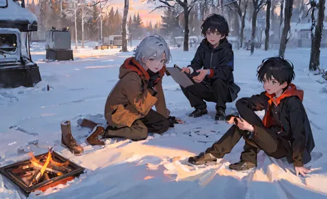 ((masterpiece,best quality,detailed,two boys，snow，around the campfire)) 8k, sunset，distance