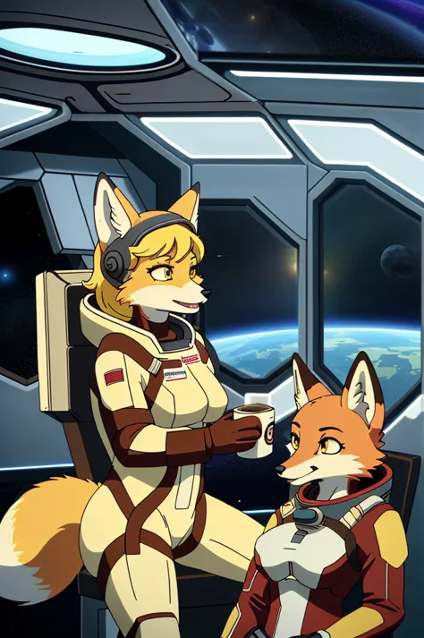 a fox furry ,(with yellow fur,female and crazy history expression)who is drinking coffee on a in a spacesuit with helmet on a sp...