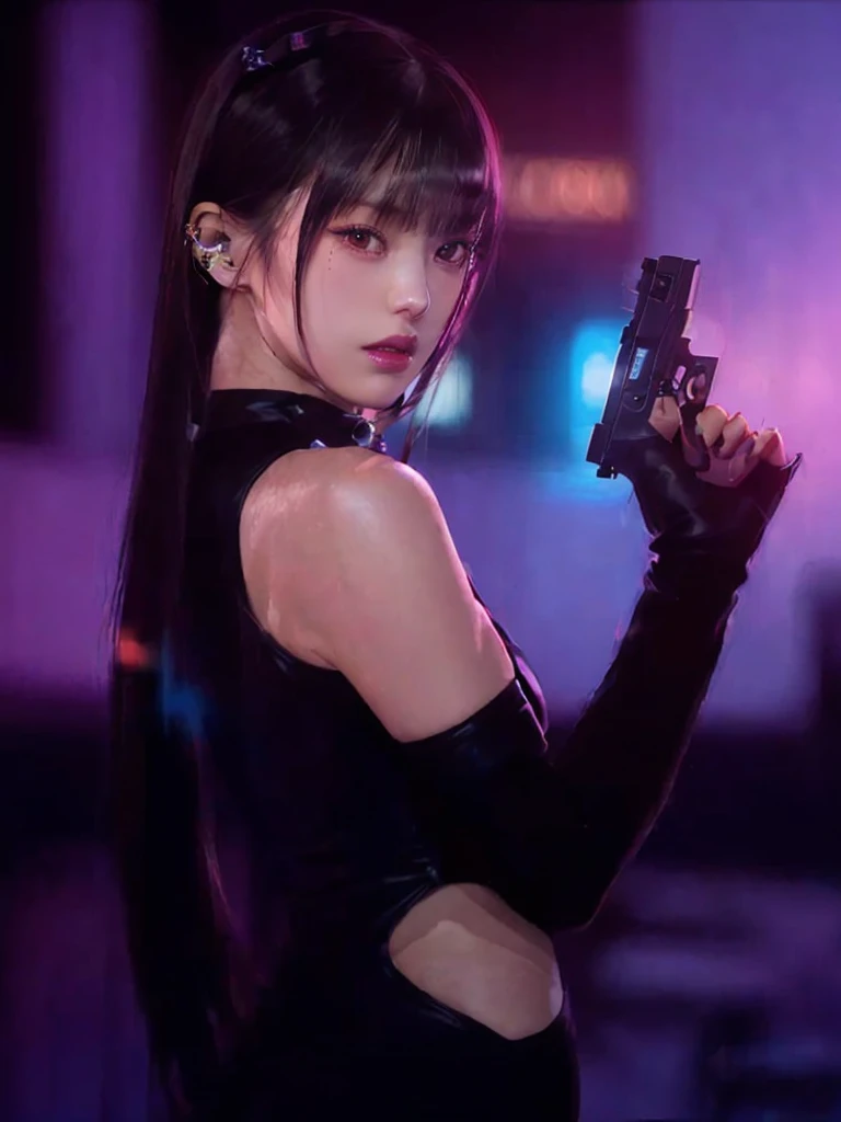 a woman in a black dress holding a gun in a dark room, cyberpunk judy alvarez, faye valentine from cowboy bebop, with pistol, portrait sophie mudd, neo noir style, beauty blade runner woman, beaten tech. neo noir style, cyberpunk photo, beautiful cyberpunk woman model, in cyberpunk style, cyberpunk jackie welles, glamorous jill valentine