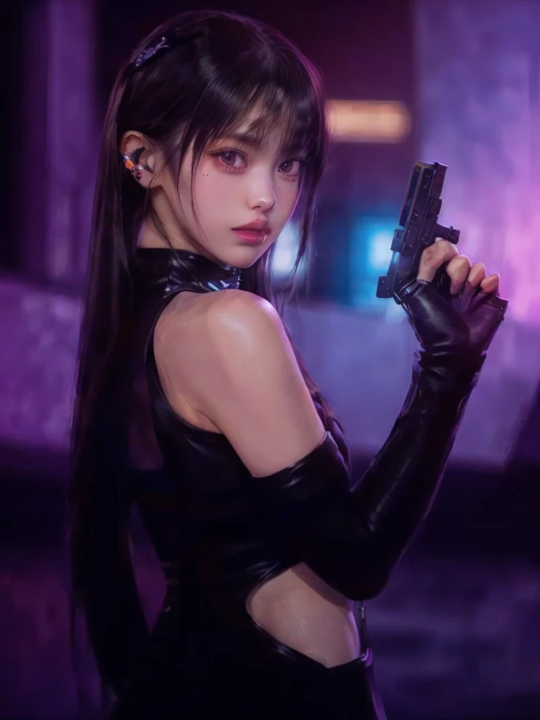 a woman in a black dress holding a gun in a dark room, cyberpunk judy alvarez, faye valentine from cowboy bebop, with pistol, portrait sophie mudd, neo noir style, beauty blade runner woman, beaten tech. neo noir style, cyberpunk photo, beautiful cyberpunk woman model, in cyberpunk style, cyberpunk jackie welles, glamorous jill valentine