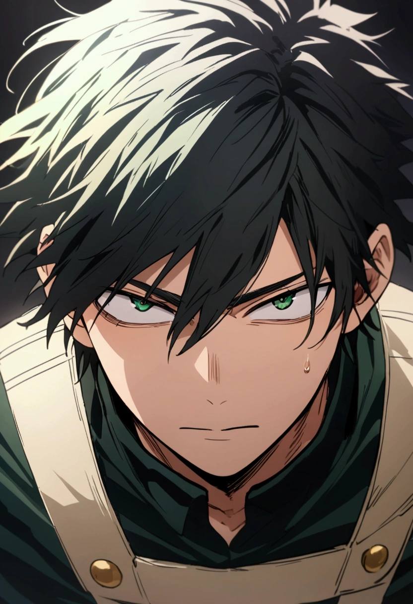  high image quality, He is a 17 year old teenager, He has very black hair tousled with a fringe....., eyes are black, , muscled body , pretty face , attractive, He is dressed in the male uniform from the anime. "My Hero Academia", detailed face, bright green eyes 