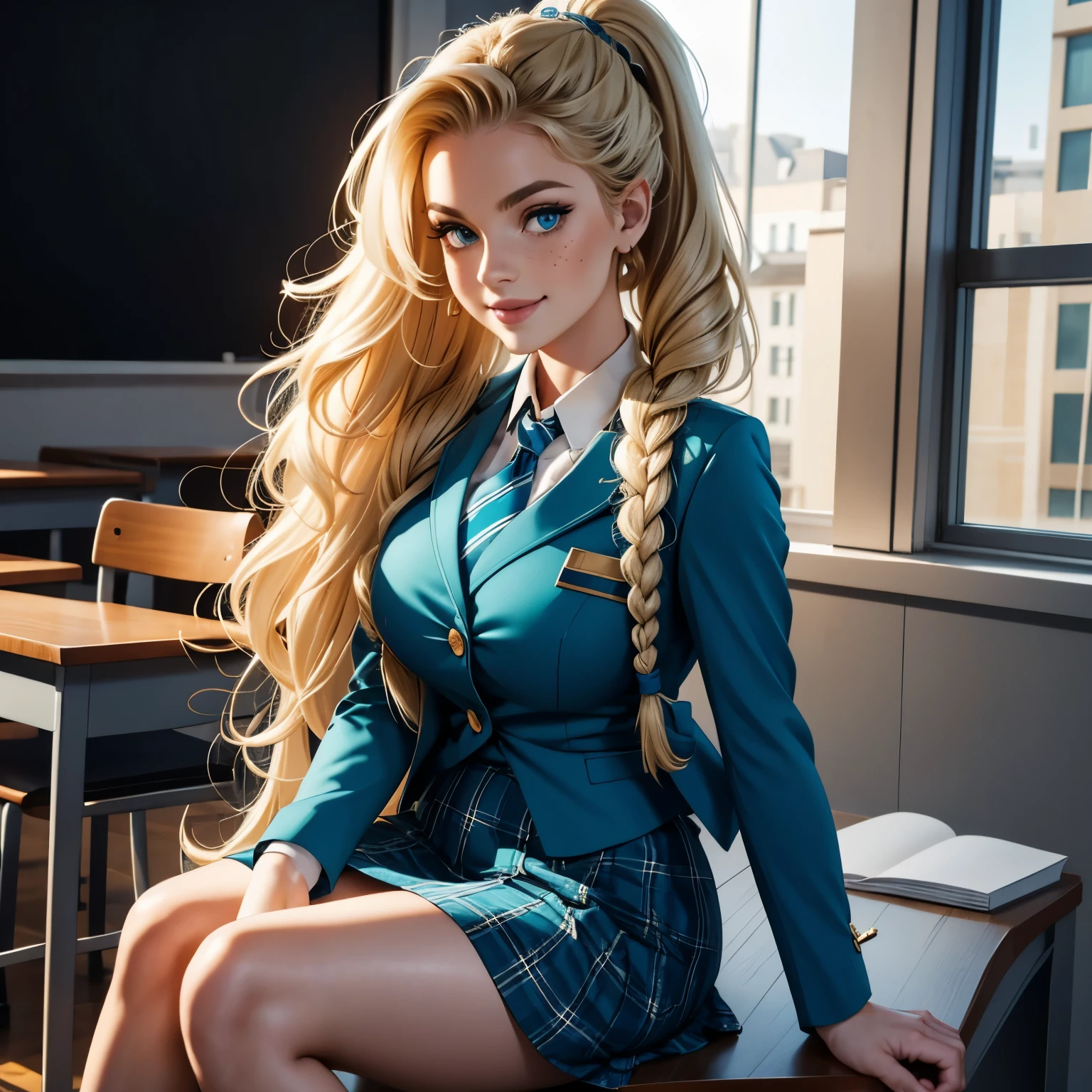 blonde, very long ponytail, very curly hair, French braid through ponytail, huge , massive , even bigger , bright blue eyes, high quality eyes, buttons, freckles, pale blue tartan skirt, very big very curly hair, armband, classroom, uniform, smile,   skin tight clothes,  come hither face, sultry face, tie, light blue, baby blue, teal, hair up, night, night time, blazer, sitting