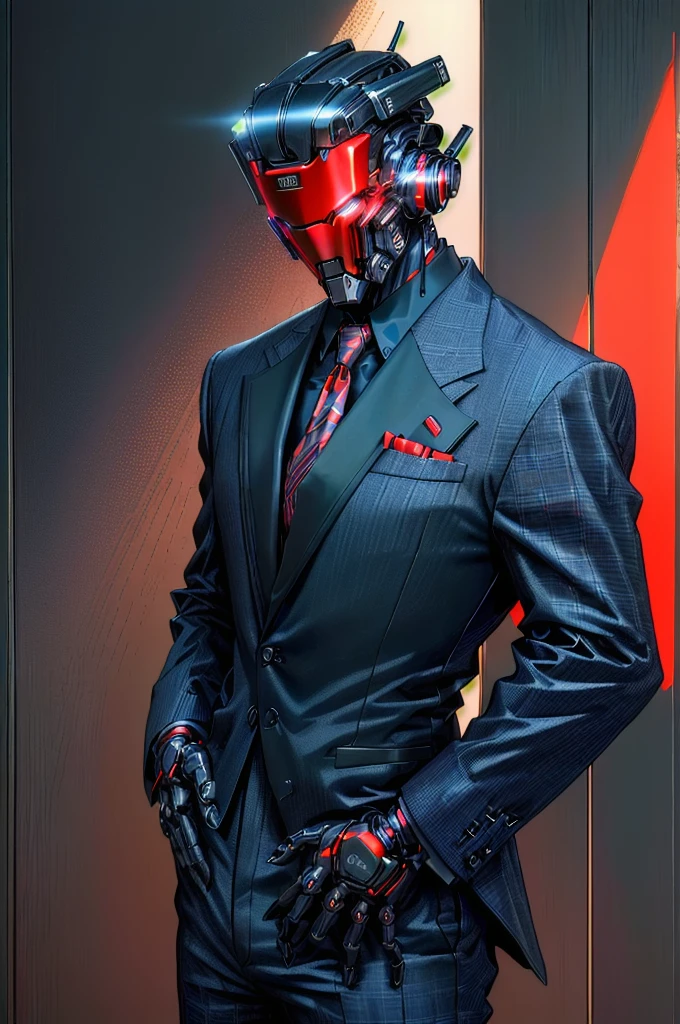 masculine, robotic humanoid, wearing a business suit, plaid red tie, bright blue undershirt, uncanny valley, weird, in an office building, android, imitating humans, retro robot, 1990s aesthetic, office worker, 1990s style robot, 1990s style businessman