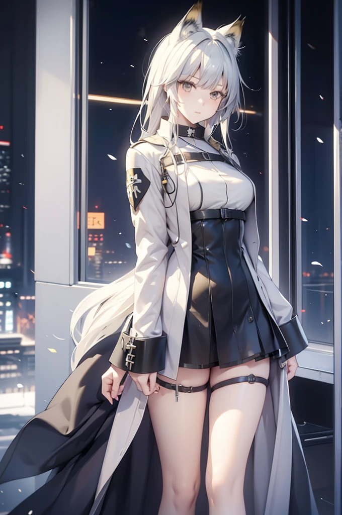 anime girl with white hair and green dress standing in the dark,kal'tsit, kal'tsit from arknights, from the arknights videogame, fox ear, from arknights, fine details, arknights, arknights style, arknights cg, kantai collection style, arknights style, main character, medic girl, arknights, official character art, arknights universe, kal'tsit doctor uniform