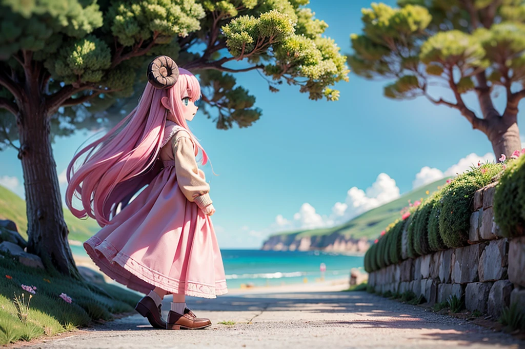 masterpiece, Highest quality, 8k, high details, Vivid, young woman, Sheep, cute, Directed at an angle, Open your mouth, Mokomo Konoko hair, Long Hair, Hair like sheep's hair, Pink Hair, eyebrow, 太いeyebrow, Pink dress, Long skirt, Light blue cardigan, Brown shoes, (trip, Walking along the coast:1.3, 大きなtrip鞄を持っている)
