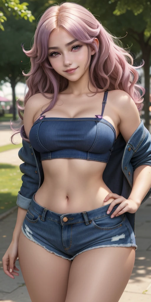 Anime girl, purple eyes, black blonde, hair with curls, voluptuous woman, teenager, small breasts, shy smile, wallpaper, beautiful denim shorts, strap top, bouncing breasts, in the park