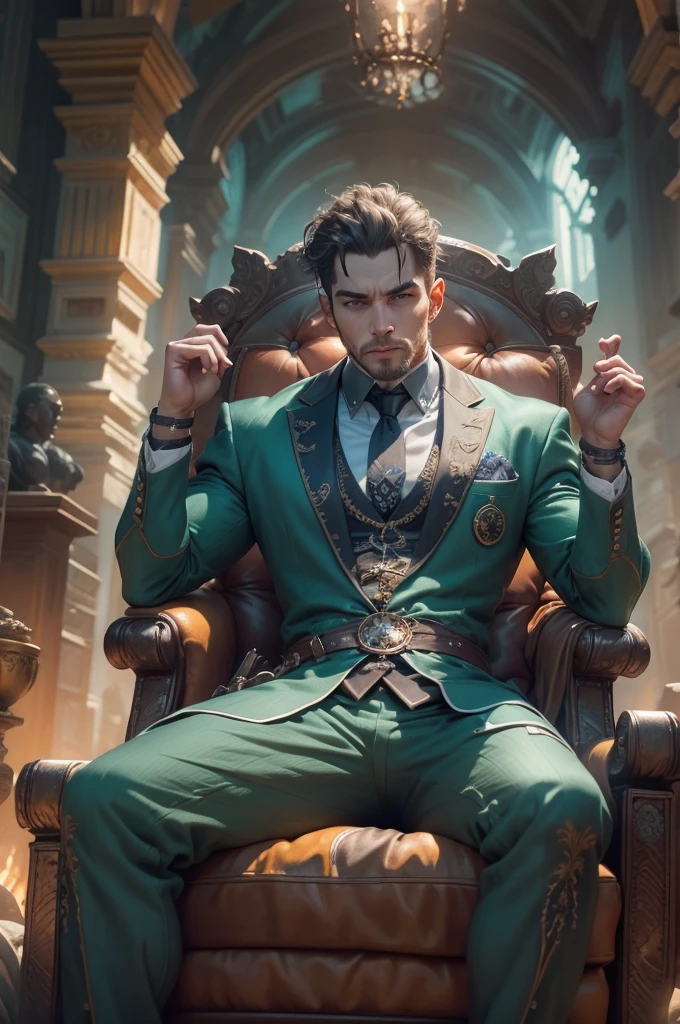 anatomically correct:1.4, a dominant master sitting on his throne, looking at his submissive slaves chained, Photorealistic, highly detailed, intricate, cinematic lighting, dramatic, dark fantasy, moody, epic scale, dressed in elegant suit, power pose, quality\(8k,extremely detailed CG unit wallpaper, masterpiece,High resolution,top-quality,top-quality real texture skin,hyperrealistic,increase resolution,RAW Photos,la mejor quality,Very detailed,The wallpaper, cinematic lighting,ray trace,golden ratio\),