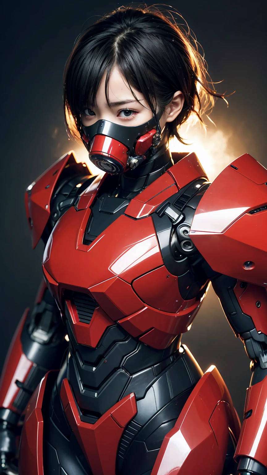 最high quality非常に詳細, Advanced Details, high quality, 最high quality, High resolution, 1080P, hard disk, beautiful,(War Machine),(headgear),See the big picture,beautifulサイボーグ女性,Shining red mecha cyborg girl,BATTLE MODE,Mecha Body Girl　8k bright red body armor　Elementary school girl　Sweaty face　pretty girl　short hair　Gas mask with extension nozzle　short hairボーイッシュ　Steam coming out of my head　My hair is wet with sweat　Black Hair, Steam coming out of the mouth　Drooling from the mouth　Full body portrait