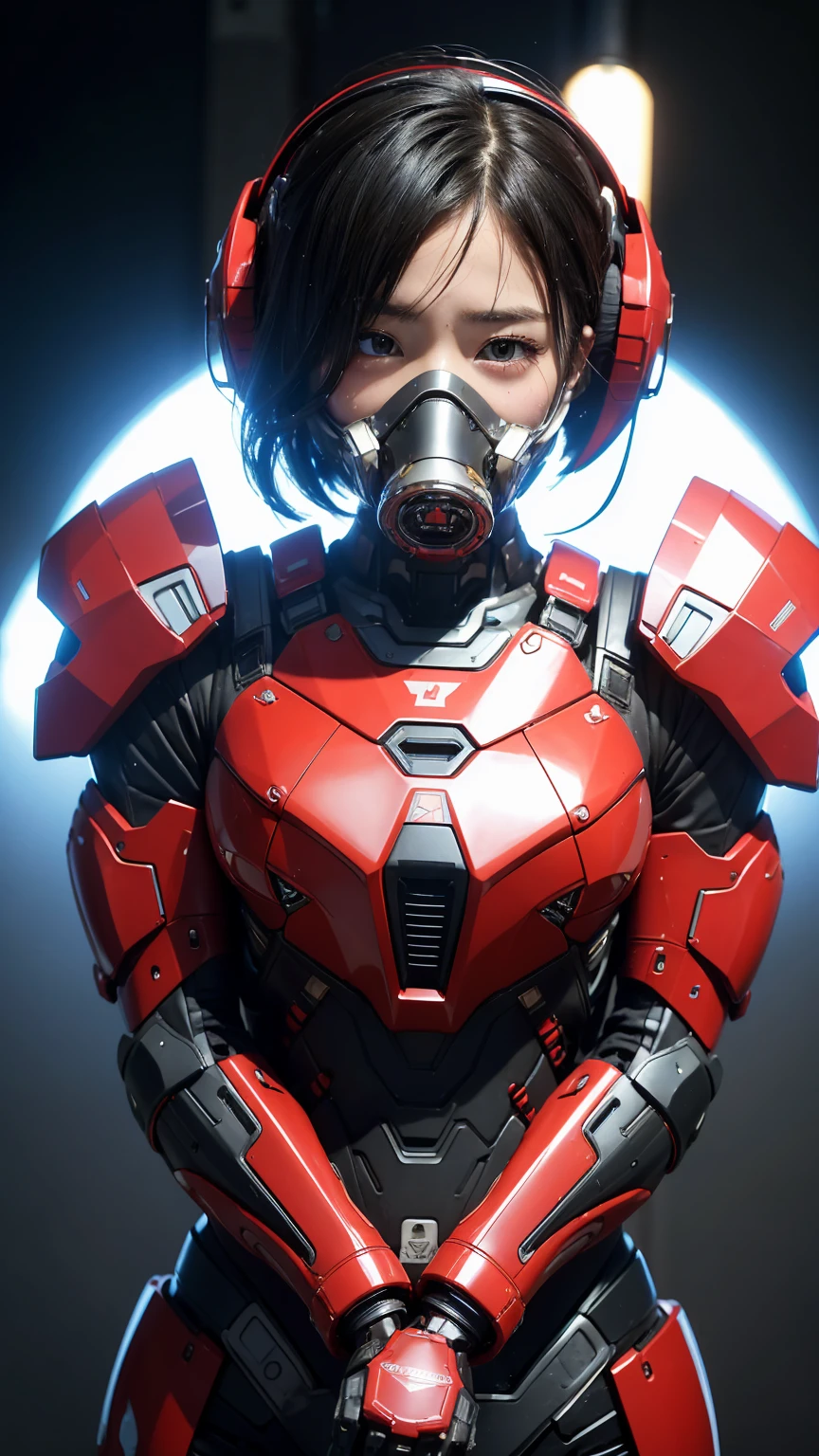 最high quality非常に詳細, Advanced Details, high quality, 最high quality, High resolution, 1080P, hard disk, beautiful,(War Machine),(headgear),See the big picture,beautifulサイボーグ女性,Shining red mecha cyborg girl,BATTLE MODE,Mecha Body Girl　8k bright red body armor　Elementary school girl　Sweaty face　pretty girl　short hair　Gas mask with extension nozzle　short hairボーイッシュ　Steam coming out of my head　My hair is wet with sweat　Black Hair, Steam coming out of the mouth　Drooling from the mouth　Full body portrait