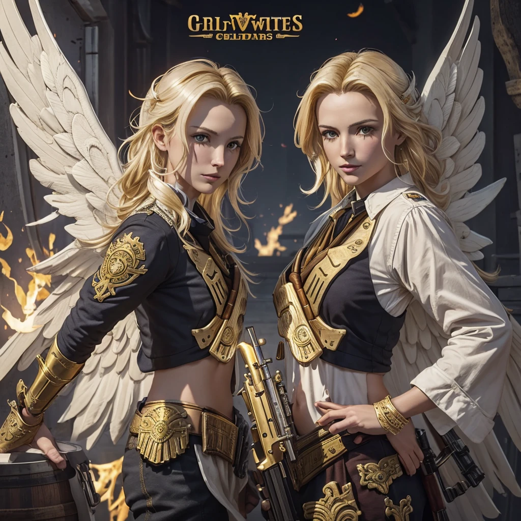 Create me two old white pistols, those used by gunslingers, but these pistols have two golden wings drawn on the barrel of the gun., some gold and golden details.