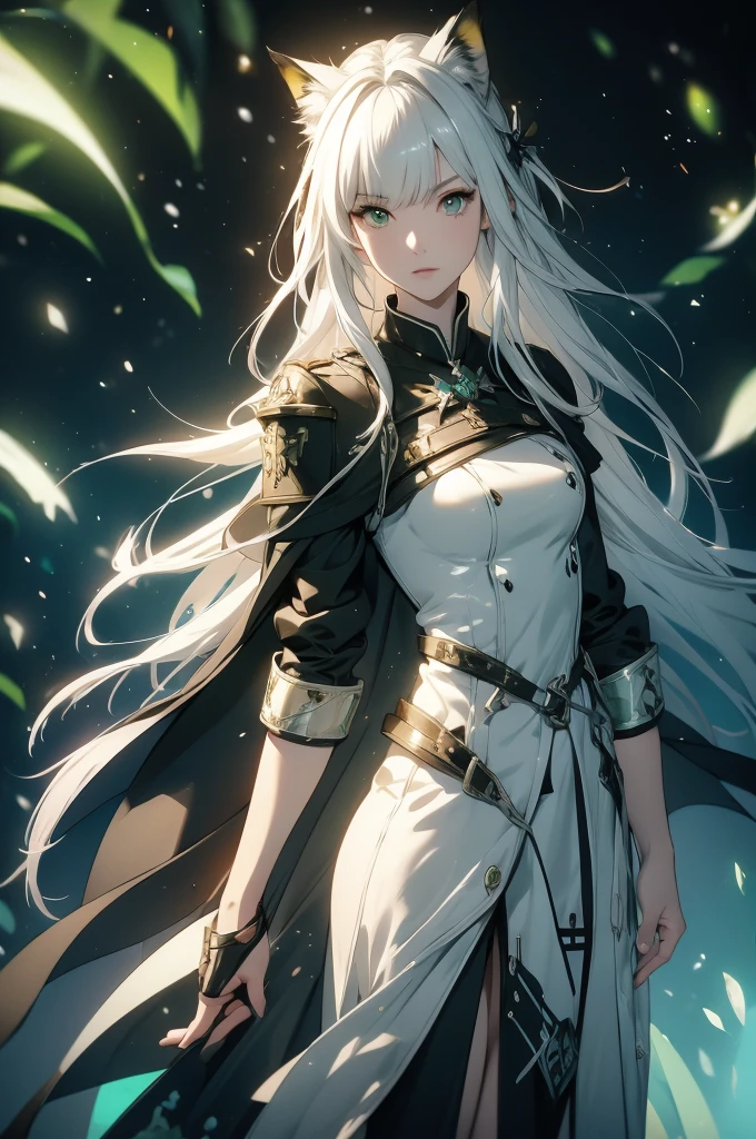 anime girl with white hair and green dress standing in the dark,kal'tsit, kal'tsit from arknights, from the arknights videogame, oneesan, kal'tsit oneesan, fox ear, green eyes,from arknights, fine details, arknights, arknights style, arknights cg, kantai collection style, arknights style, main character, medic girl, arknights, official character art, arknights universe, kal'tsit doctor uniform