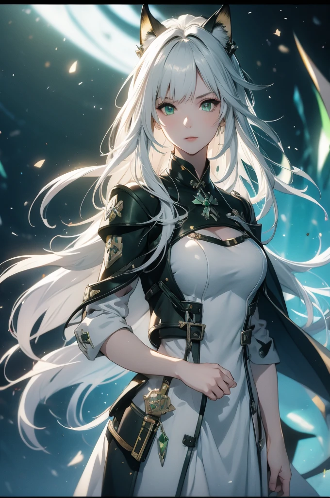 anime girl with white hair and green dress standing in the dark,kal'tsit, kal'tsit from arknights, from the arknights videogame, oneesan, kal'tsit oneesan, fox ear, green eyes,from arknights, fine details, arknights, arknights style, arknights cg, kantai collection style, arknights style, main character, medic girl, arknights, official character art, arknights universe, kal'tsit doctor uniform