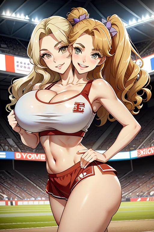 2heads, a tall woman with 2 heads. She is at a sports stadium. She is wearing a skimpy cheerleader outfit. Cleavage. She has long curly blonde hair in ponytails. She is cheerleading, holding pom-poms. Doing cheer performance. She is very tall and mature. She is happy and smiling. Motherly, milf. Enormous fat breasts, gigantic breasts. 