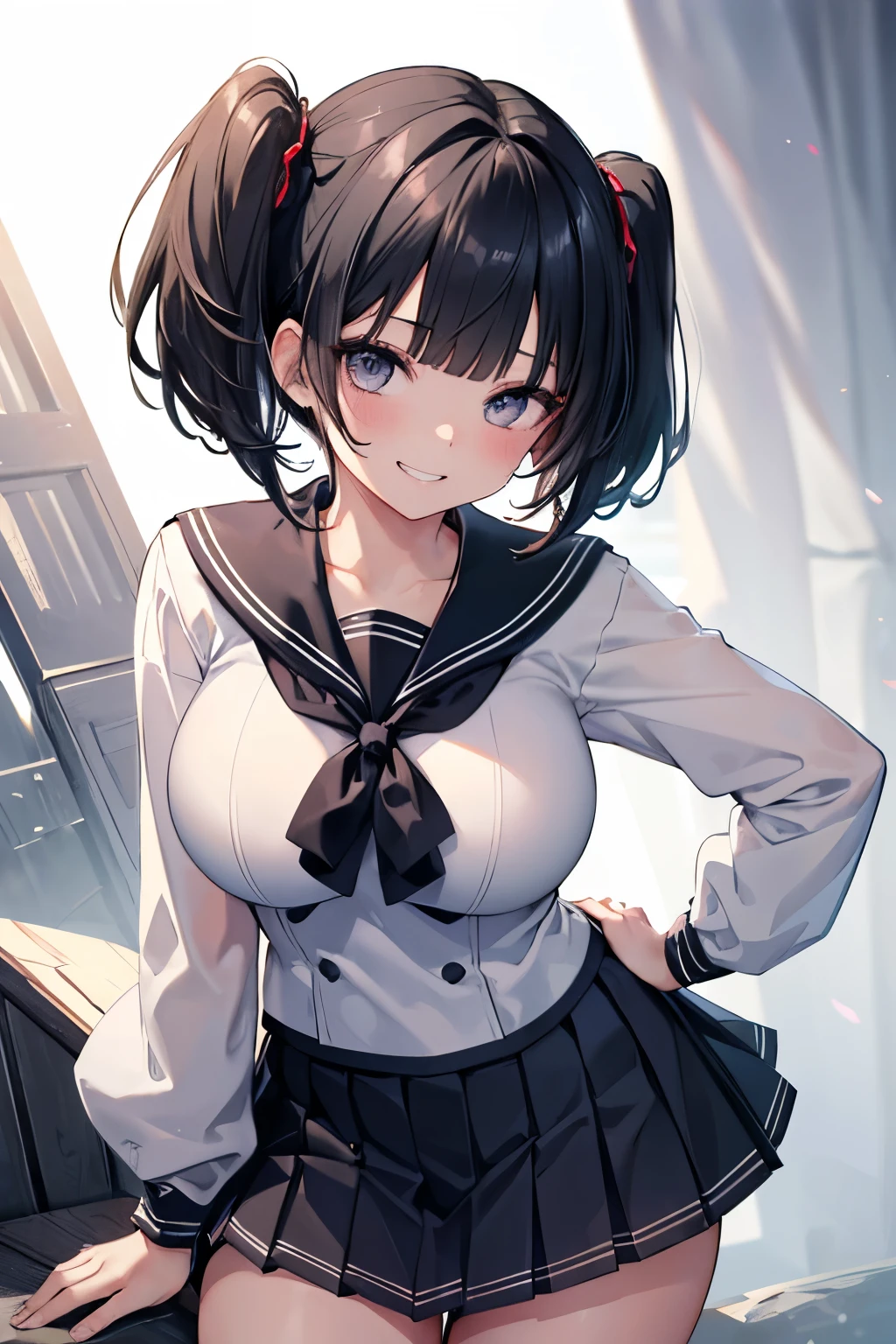 (8k、Highest quality、highest quality、masterpiece)、Detailed face、One girl、 Black Hair、short hair、twintails、blunt bangs、Grey Eyes、evil smile、((Grin))、super big breasts、((Sailor suit))、((Pleated skirt))、Cowboy Shot、((bent over))、Men&#39;s restroom、danshitoire、syobenki、Very large breasts、Nipples are visible