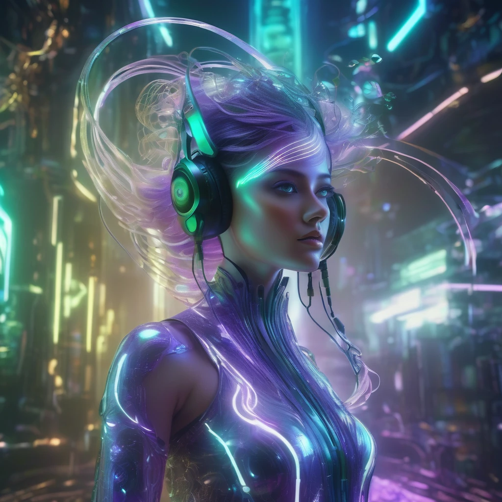 dynamic cinematic image of a girl wearing techno headphones, in double exposure waves of energy flow from the headphones in the form of staves and musical notes, she is wearing a dress of a tangle of iridescent purple tones, a beautiful science fiction girl with half body, art nouveau octane rendering, rendering of a goddess, beautiful octane rendering, dreamy cyberpunk girl, beautiful 3d rendering of a futuristic woman, elegant futuristic woman, 8k 3d rendering character art, 8k fantasy style octane rendering , beautiful cinematic lighting, highly detailed, (feminine: 1.4), (cute: 1.4), (attractive: 1.3), beautiful green eyes perfectly sharp and detailed, studio lighting, raven background theme, highly detailed, cinemascope, moody, epic, beautiful.HDR.