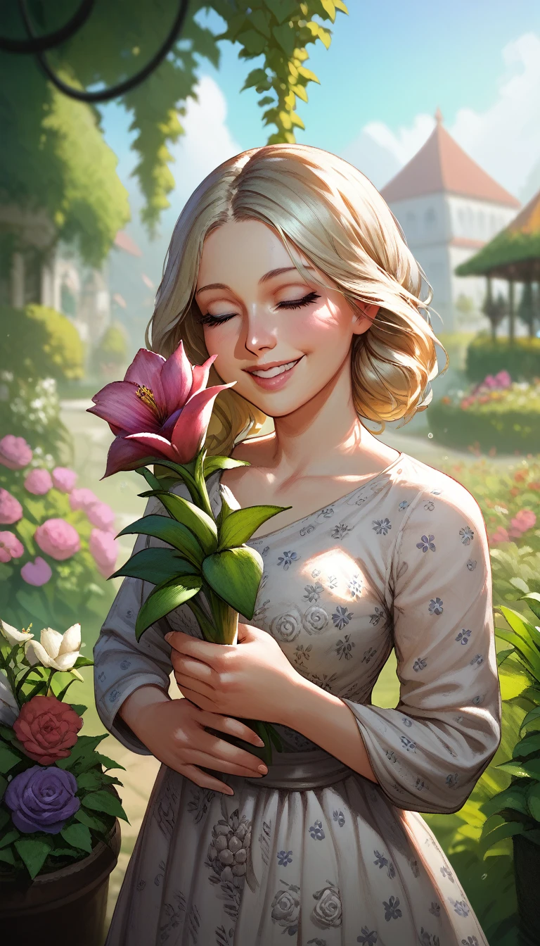 score_9, score_8_up, score_7_up, score_6_up, 1girl, detailed face, eyelashes, closed eyes, smile, long dress, floral dress, white patterned dress, holding flower, tulip, holding a tulip flower, standing, standing in garden, face focus, portrait, close up of face, scenery, garden background, intricate garden background, bokeh, blurry background, gwentstyle, 