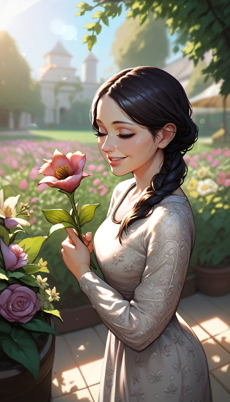 score_9, score_8_up, score_7_up, score_6_up, 1girl, detailed face, eyelashes, closed eyes, smile, long dress, floral dress, white patterned dress, holding flower, tulip, holding a tulip flower, sniffing flower, snipping tulip in hand, standing, standing in garden, face focus, portrait, close up of face, scenery, garden background, intricate garden background, bokeh, blurry background, gwentstyle,