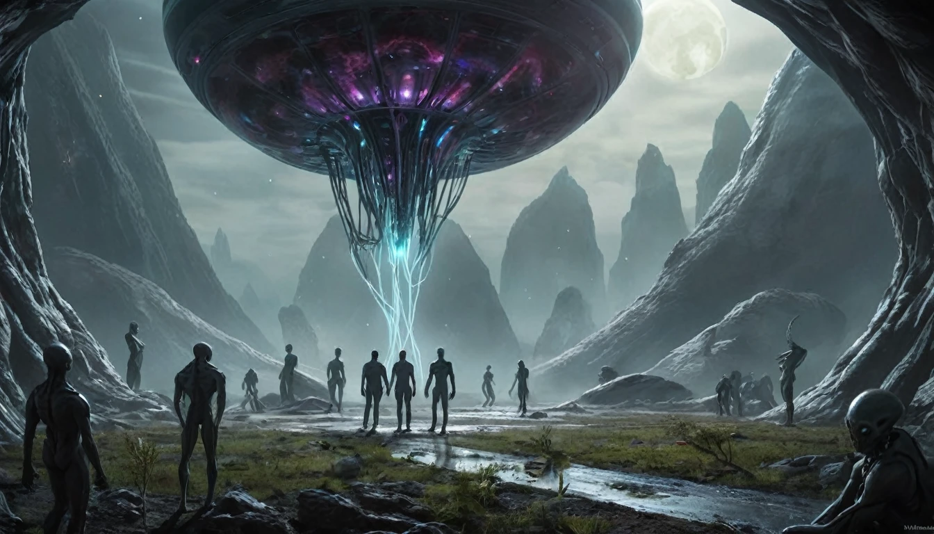 {"prompt": "Create an image depicting an alien planet from a distant galaxy where humanoid beings are being stolen for breeding purposes. BREAK Envision a surreal landscape characterized by alien vegetation, towering rock formations, and eerie bio luminescent flora casting an otherworldly glow. The sky is a swirling canvas of vibrant colors, with multiple moons and unfamiliar constellations visible in the distance. BREAK In the foreground, a group of humanoid beings, reminiscent of humans but with distinct alien features, are being forcibly abducted by alien creatures. The aliens, with their grotesque and otherworldly appearance, use advanced technology to incapacitate and transport their captives to massive birthing chambers. BREAK The birthing chambers are massive, organic structures resembling pulsating cocoons or pods, embedded within the landscape. Inside, rows of impregnated female humanoids are held captive, their bodies connected to intricate life-support systems and nutrient feeds. BREAK Alien attendants move about the chambers, monitoring the pregnant humanoids and ensuring their well-being. The atmosphere is tense and foreboding, with an unmistakable sense of dread and despair hanging in the air. BREAK In the distance, alien machinery hums and whirs, processing genetic material and manipulating DNA to facilitate the breeding process. The scene is a chilling reminder of the sinister intentions of the alien beings and the horrors endured by their captive humanoids. BREAK Overall, the image conveys a sense of alienness and unease, depicting a dark and dystopian world where humanoids are subjected to exploitation and manipulation at the hands of their extraterrestrial captors.. Ultra High Definition 8K, Detailed and Intricate, Digital Art, Photo, Realistic, Cinematic, close up, Studio Lighting, Beautiful Lighting. Use a equal mixture of all human genes from planet earths continent's  including minor ethic groups.", "negative_prompt": "censored, worst quality,