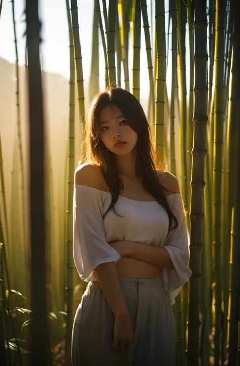 an asian woman standing in the middle of bamboo den. misty morning. mountain's vibes. wearing white thin clothes. backlight, dim...