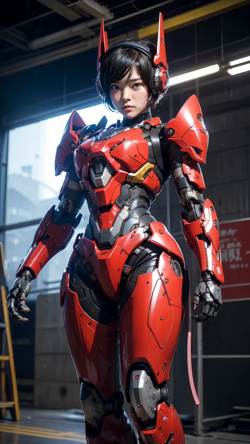 最high quality非常に詳細, Advanced Details, high quality, 最high quality, High resolution, 1080P, hard disk, beautiful,(War Machine),(headgear),See the big picture,beautifulサイボーグ女性,Shining red mecha cyborg girl,BATTLE MODE,Mecha Body Girl　8k bright red body armor　Elementary school girl　Sweaty face　pretty girl　short hair　　short hairボーイッシュ　Steam coming out of my head　My hair is wet with sweat　Black Hair, Steam coming out of the mouth　Rear view　Full body portrait