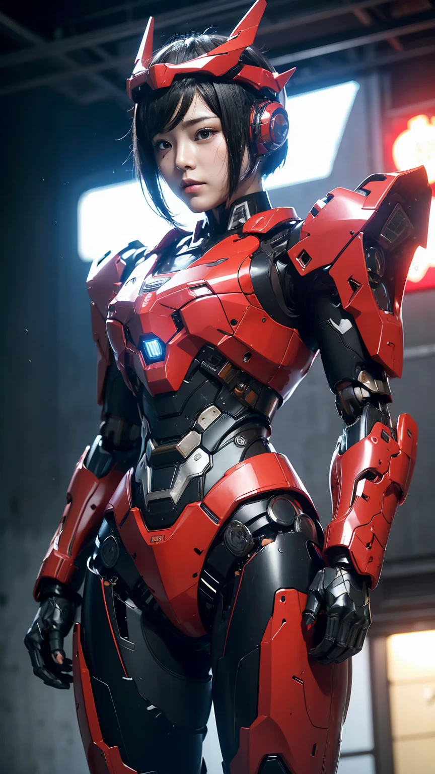 最high quality非常に詳細, Advanced Details, high quality, 最high quality, High resolution, 1080P, hard disk, beautiful,(War Machine),(headgear),See the big picture,beautifulサイボーグ女性,Shining red mecha cyborg girl,BATTLE MODE,Mecha Body Girl　8k bright red body armor　Elementary school girl　Sweaty face　pretty girl　short hair　　short hairボーイッシュ　Steam coming out of my head　My hair is wet with sweat　Black Hair, Steam coming out of the mouth　Rear view　Full body portrait