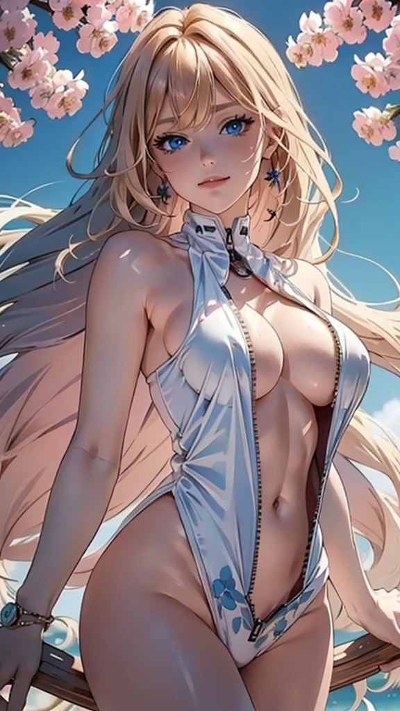 8K masterpiece, excellent image quality, anime woman, seductive pose, large breasts, realistically rendered curves, cool wind blowing through her strawberry blonde hair, golden highlights ((Blue eyes)), catching the dim light, pale pink lips smiling softly, gentle and rational bangs swaying gently in the wind, ((white Center Opening Front Zipper Swimsuiti)), exquisitely painted floral background blooming in vibrant colors, leaves swaying gently, delicate features accentuated by the play of light and shadow.