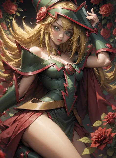 beautiful dark magician gils. young man with long blonde hair. green eyes. small lips. she is in a garden of red roses.. red ros...