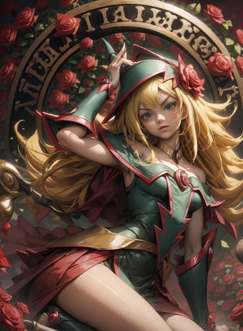 beautiful dark magician gils. young man with long blonde hair. green eyes. small lips. she is in a garden of red roses.. red ros...