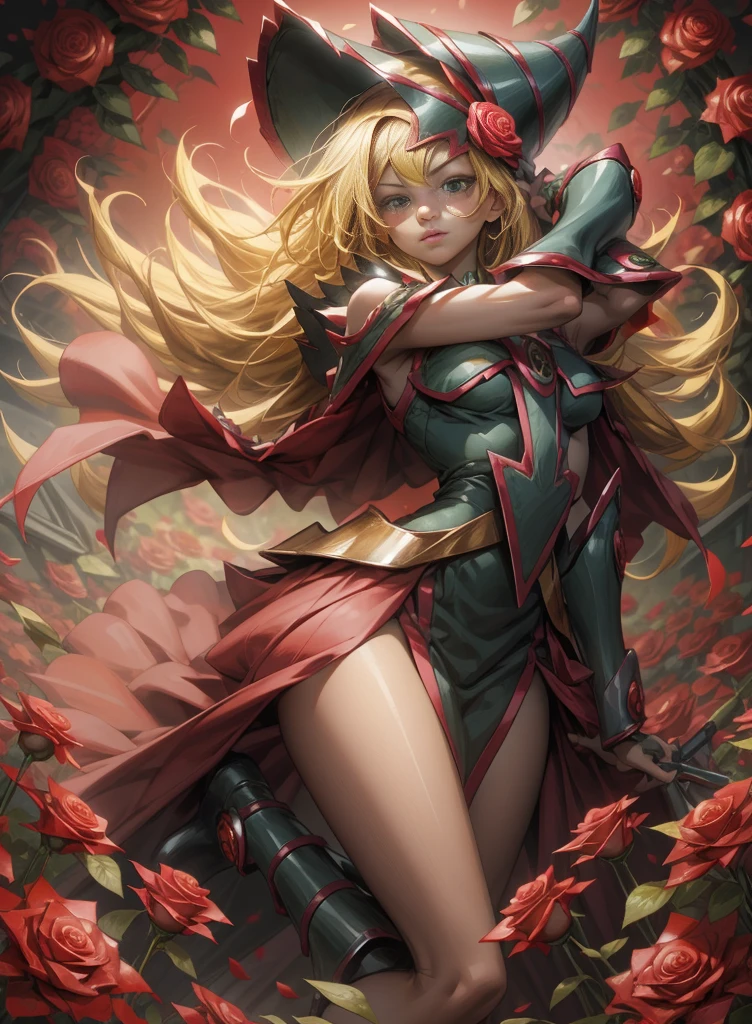 Beautiful dark magician gils. Young man with long blonde hair. green eyes. small lips. She is in a garden of red roses.. Red roses surround her. pose and innocent. red roses background.