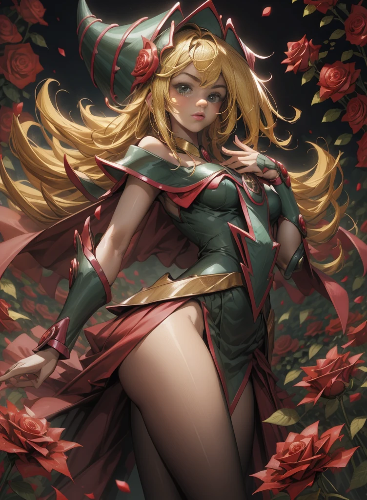 Beautiful dark magician gils. Young man with long blonde hair. green eyes. small lips. She is in a garden of red roses.. Red roses surround her. pose and innocent. red roses background.