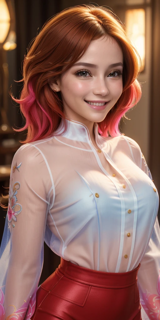 (best quality, ultra-detailed, photorealistic: 1.39), bright and vibrant colors, studio lighting, romantic expression, Just a girl on fire, transparent sleeve blouse, smile