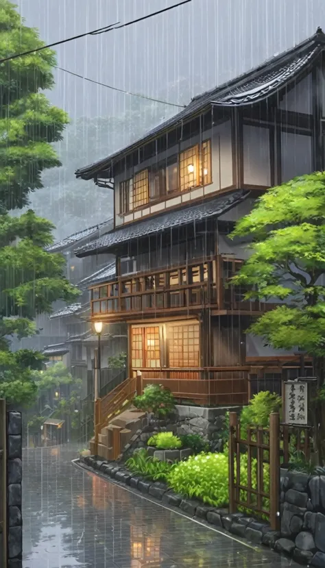 beautiful house, rainy season illustrations ,fantasy,high resolution,japan