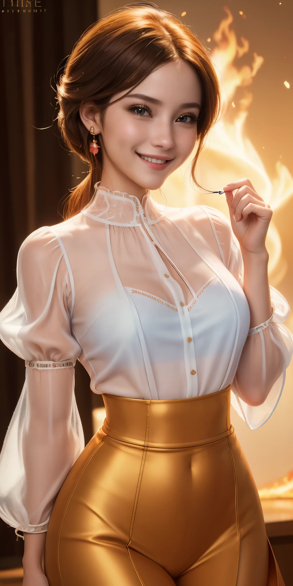 (best quality, ultra-detailed, photorealistic: 1.39), bright and vibrant colors, studio lighting, romantic expression, Just a girl on fire, transparent sleeve blouse, smile