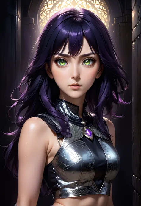 a woman (hyuuga hinata) with roxo hair and luminous eyes(empty eyes)  looks at the camera, 
ruanyi0801,revealing clothes,jewelry...